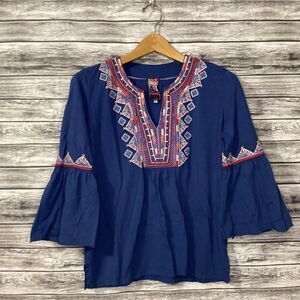 Johnny Was Shirt Womens Small Blue JWLA Tunic Embroidered Bell Sleeve Boho